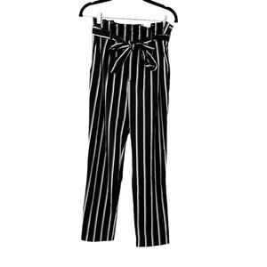 H&M High-Waist Bow Navy and White Striped Paper Bag Trousers, size 6
